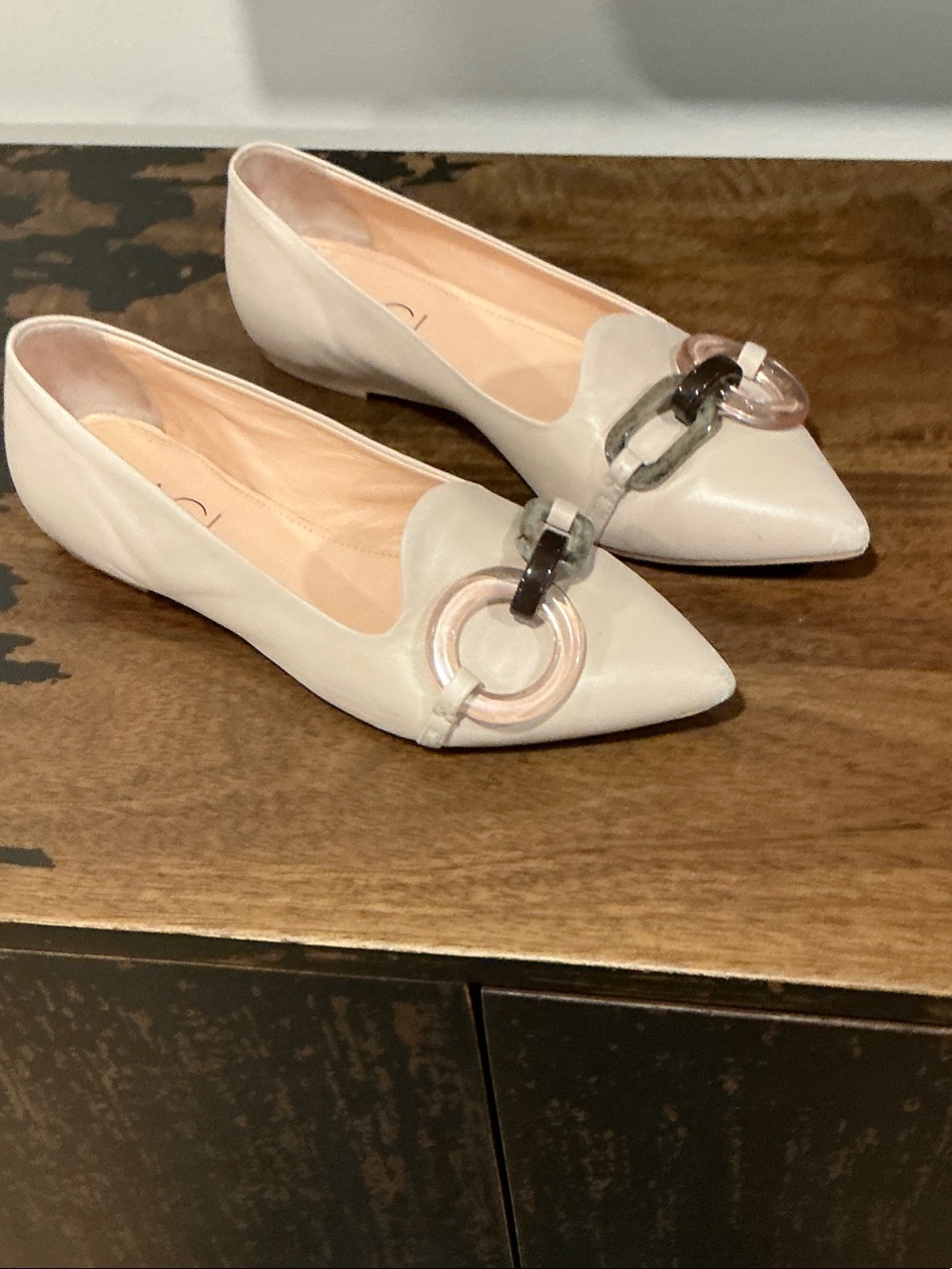 Agl Pointed Toe Flats with Translucent Chain Accent - Cream